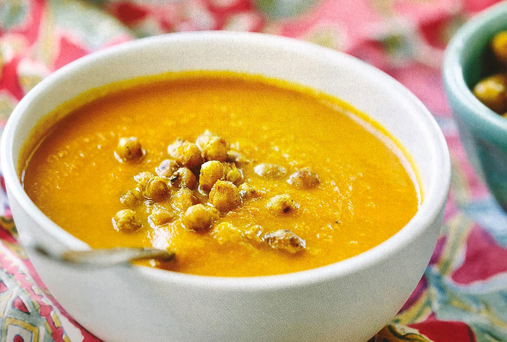 Carrot Ginger Soup with Roasted Chickpeas